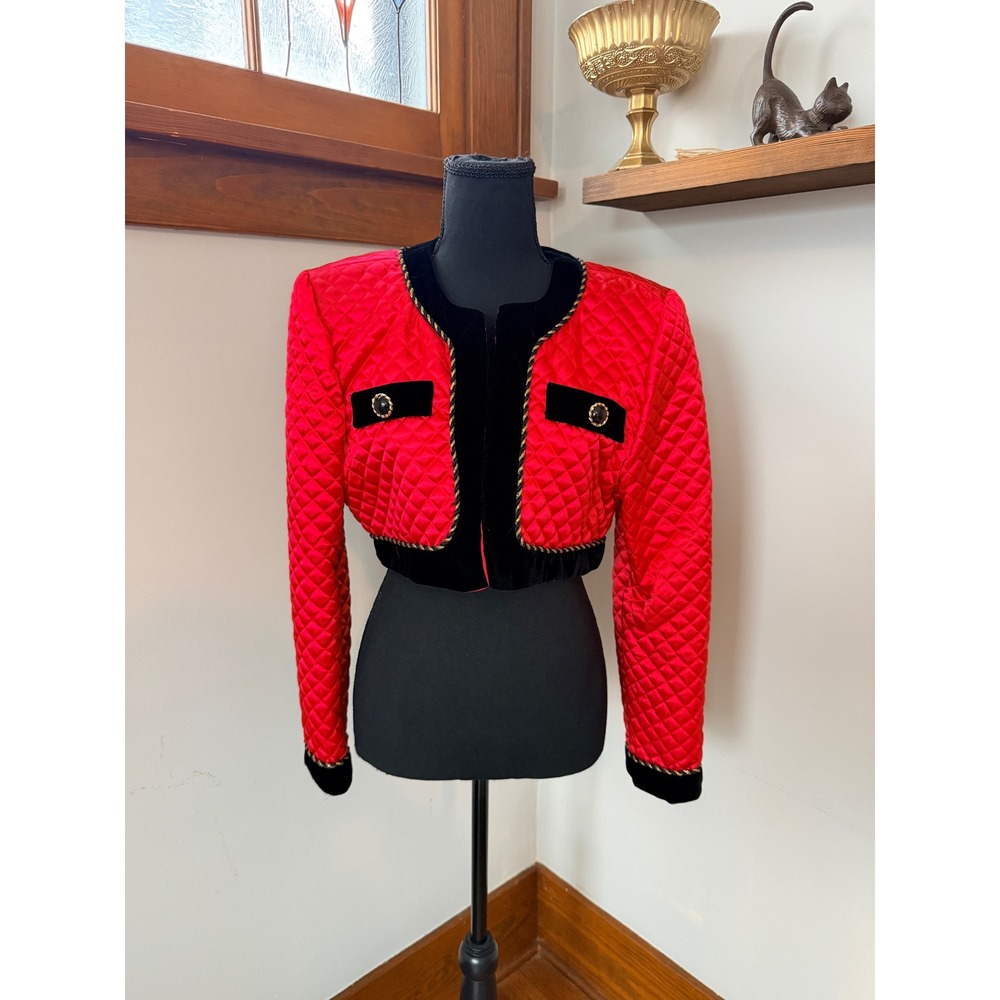 Vintage 80s Karen Lucas for Niki Red Quilted Velvet Trim Cropped Jacket Size M/L